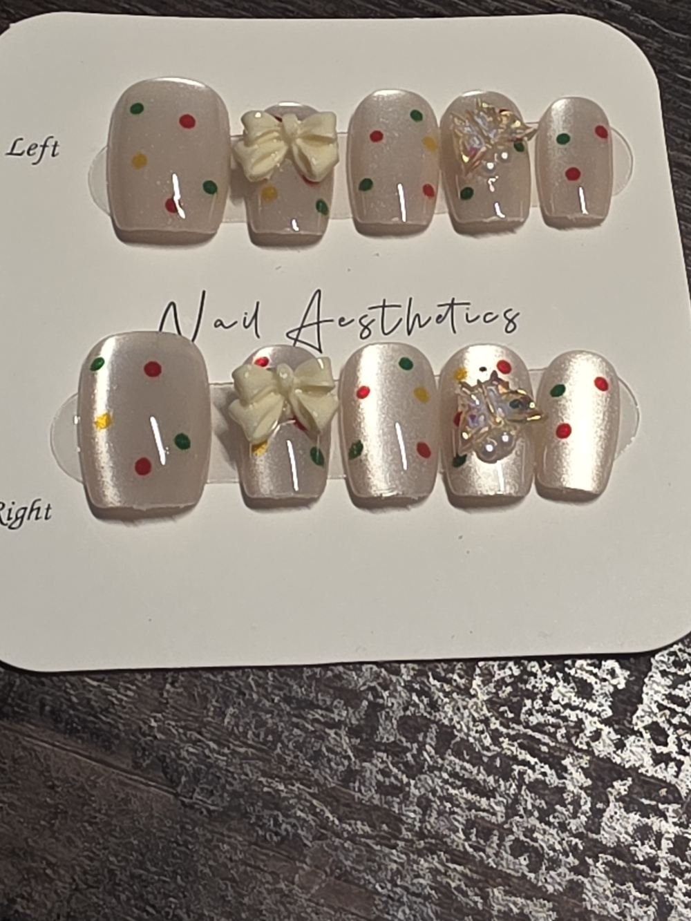 Pearl Pink Polka Dot Press-On Nails with Cream Bows